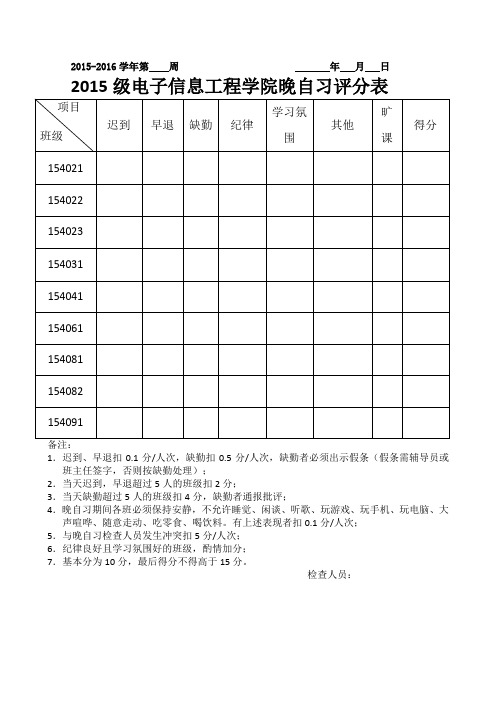 2016年晚自习评分表