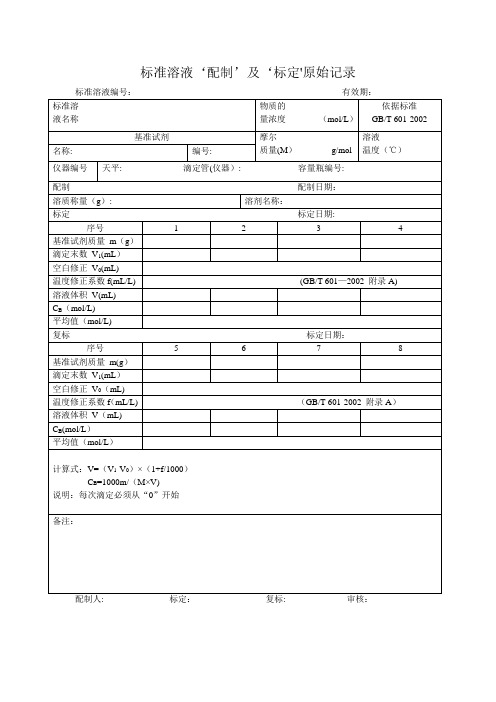 标准溶液‘配制’及‘标定’原始记录【范本模板】