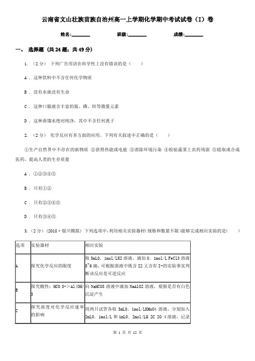 云南省文山壮族苗族自治州高一上学期化学期中考试试卷(I)卷(新版)