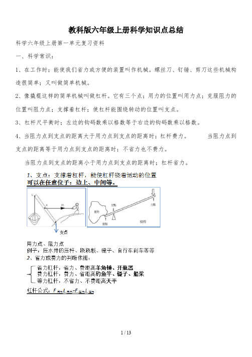 教科版六年级上册科学知识点总结