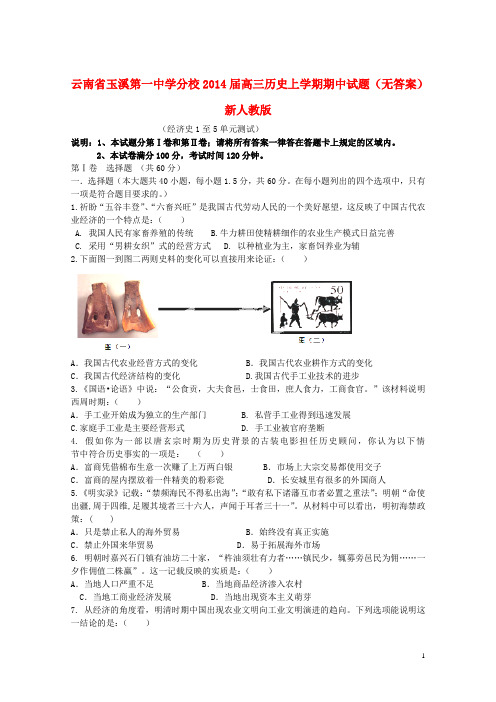 云南省玉溪第一中学分校2014届高三历史上学期期中试题