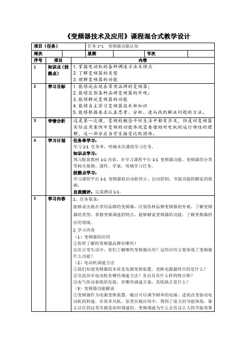 《变频器技术及应用》电子教案  混合式教学设计 任务1-1 变频器的功能认知 混合式教学设计