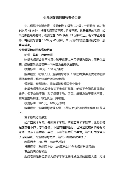 少儿钢琴培训班收费价目表