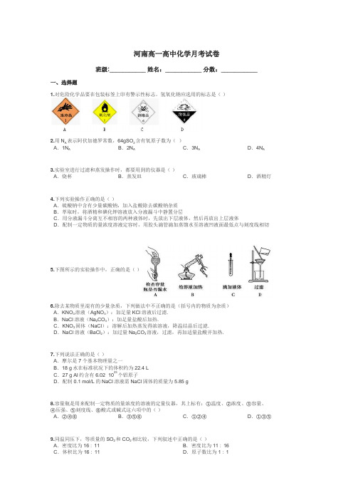 河南高一高中化学月考试卷带答案解析
