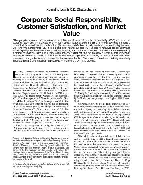 Corporate Social Responsibility,Customer Satisfaction, and Market value