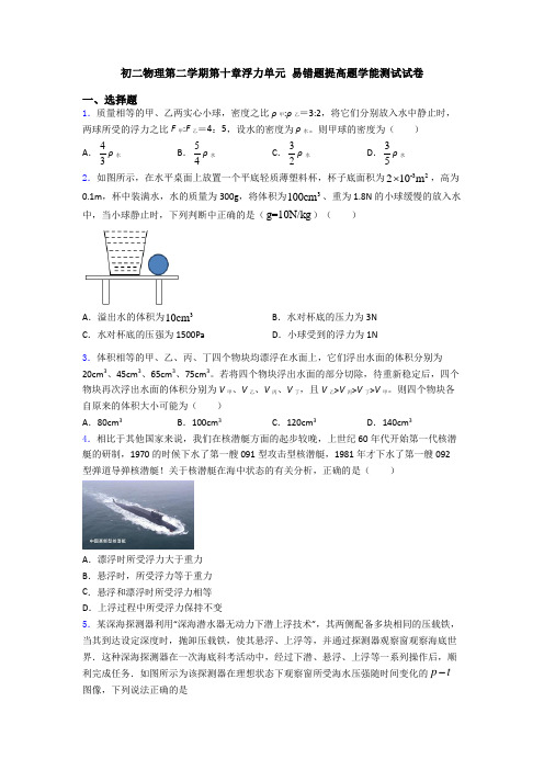 初二物理第二学期第十章浮力单元 易错题提高题学能测试试卷