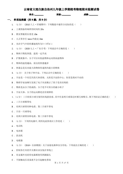 云南省大理白族自治州九年级上学期统考物理期末检测试卷