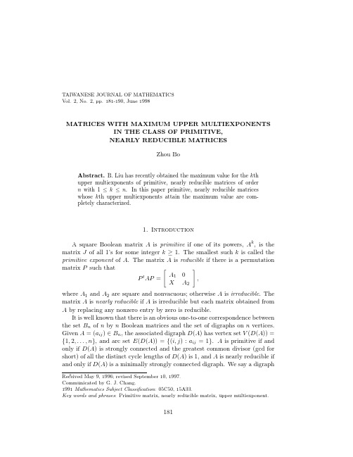 MATRICES WITH MAXIMUM UPPER MULTIEXPONENTS IN THE CLASS OF PRIMITIVE, NEARLY REDUCIBLE MATR