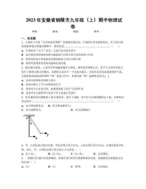 最新2023年安徽省铜陵市九年级(上)期中物理试卷及解析