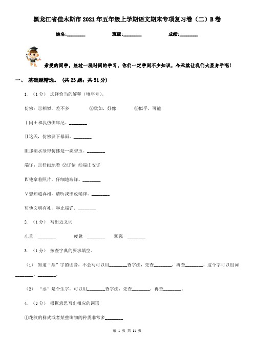 黑龙江省佳木斯市2021年五年级上学期语文期末专项复习卷(二)B卷