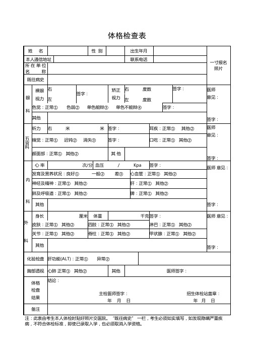 体检表(体格检查)通用模板