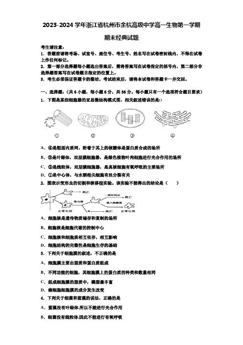 2023-2024学年浙江省杭州市余杭高级中学高一生物第一学期期末经典试题含解析