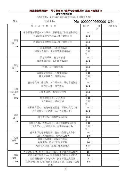 公司各部门绩效考核表格汇总