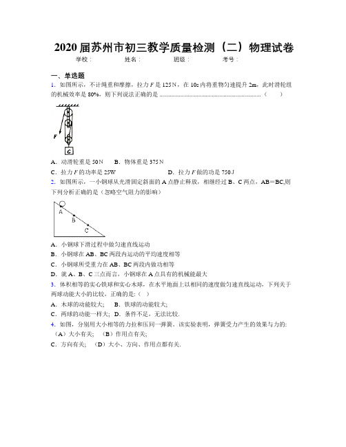 2020届苏州市初三教学质量检测(二)物理试卷