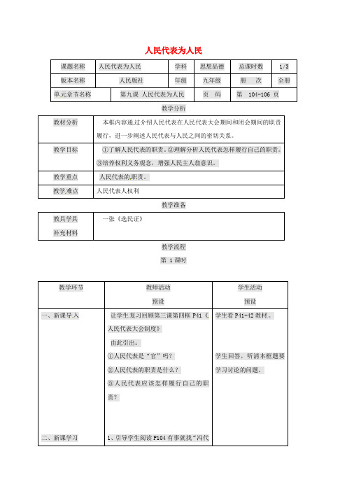 九年级政治全册 第三单元 法治时代 第9课 人民代表的责任 人民代表人民教案 人民版