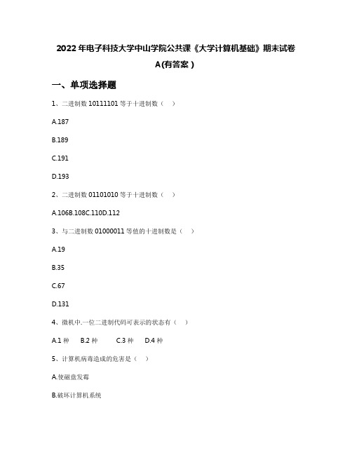 2022年电子科技大学中山学院公共课《大学计算机基础》期末试卷A(有答案)