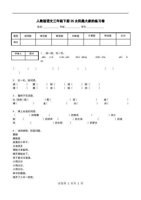 人教版语文三年级下册25太阳是大家的练习卷.doc