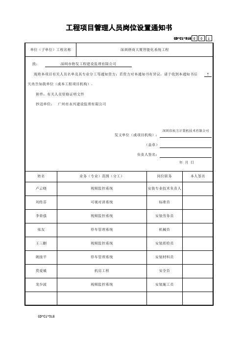 001-工程项目管理人员岗位设置通知书