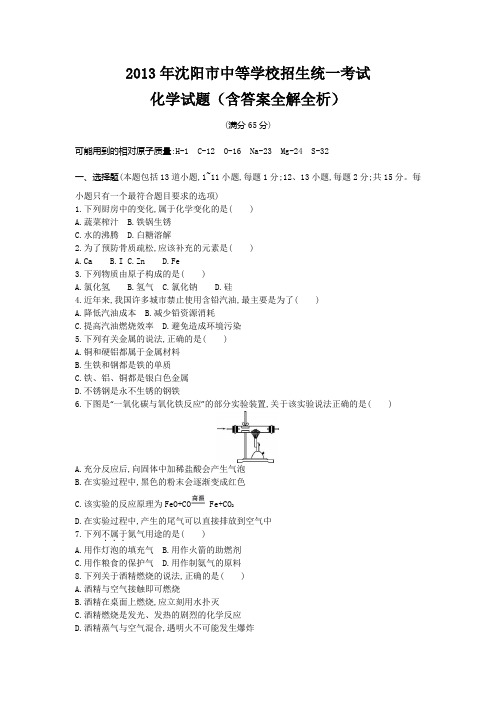 2013年沈阳市中考化学真题卷含答案解析