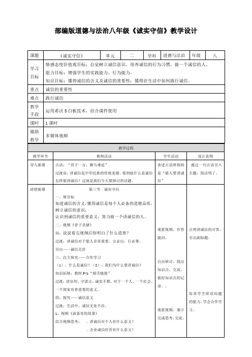 部编版道德与法治八年级诚实守信教学设计