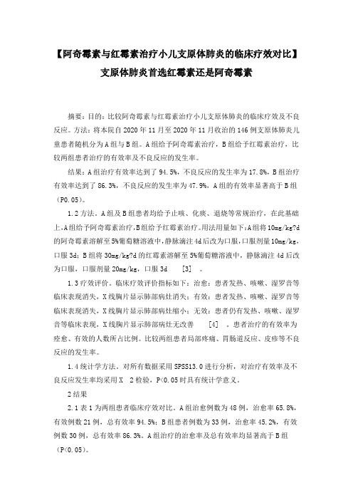 【阿奇霉素与红霉素治疗小儿支原体肺炎的临床疗效对比】 支原体肺炎首选红霉素还是阿奇霉素