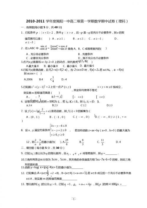 2010-2011学年度揭阳一中高二级第一学期数学期中试卷(理科)