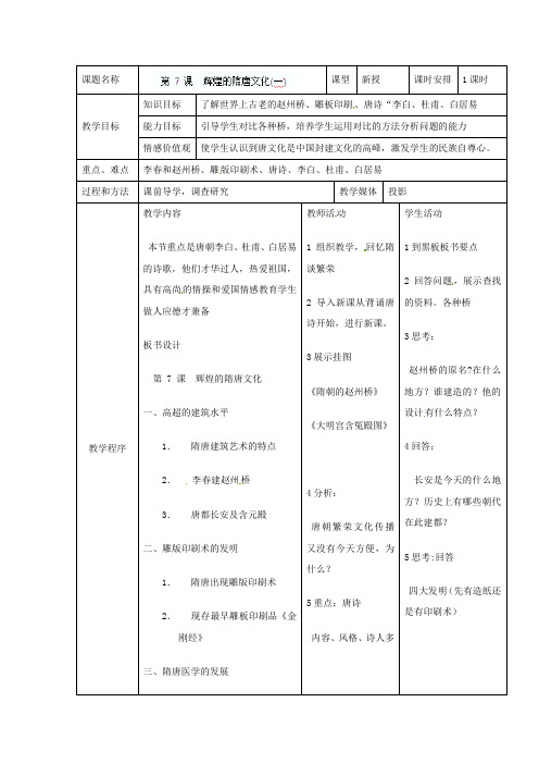 七年级历史下册 第一单元 第7课《辉煌的隋唐文化(一)》教案 新人教版