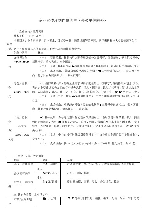 影视广告制作报价单