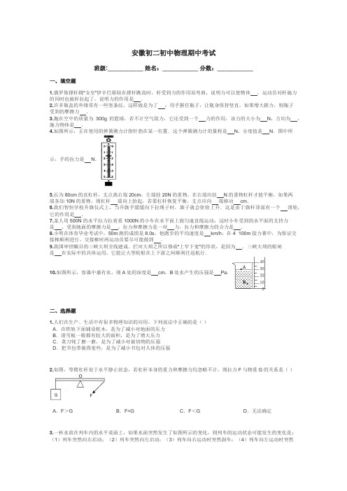 安徽初二初中物理期中考试带答案解析
