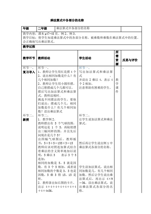 《乘法算式中各部分的名称》教学设计 