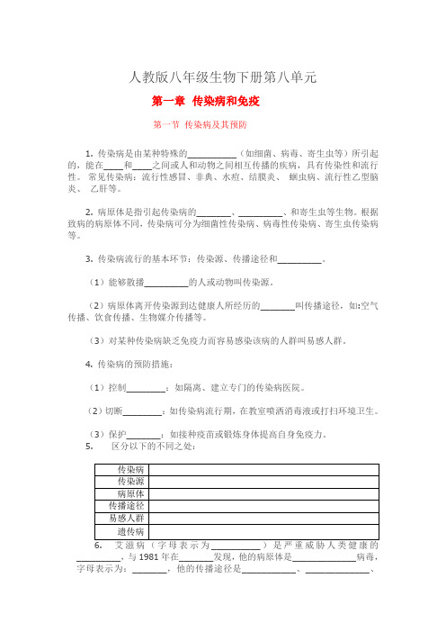 人教版八年级下册生物第八单元第一章传染病和免疫知识点