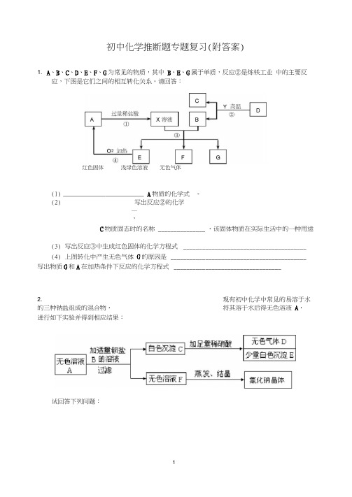 初中化学推断题经典例子大全有答案