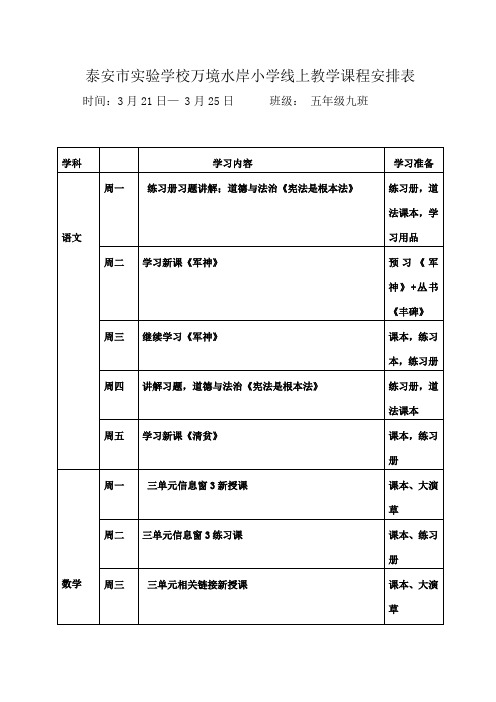 五九班级教学课程每周安排表