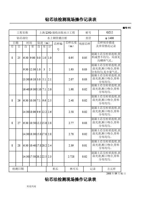 钻芯法检测现场操作记录表