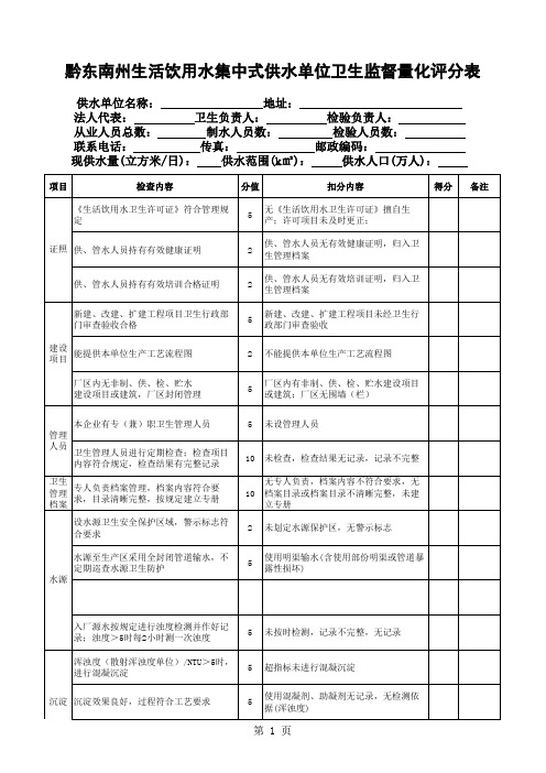 黔东南州生活饮用水集中式供水单位卫生监督量化评分表