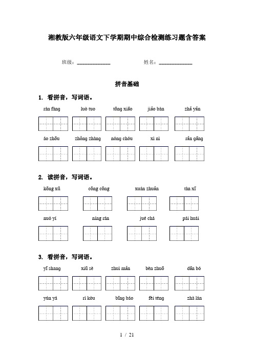 湘教版六年级语文下学期期中综合检测练习题含答案