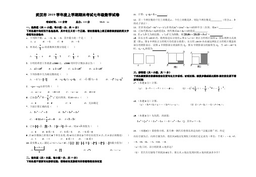 武汉市2019学年度上学期期末考试七年级数学试卷