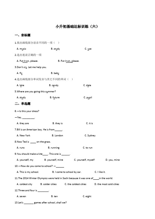 六年级下册英语试题--小升初基础达标训练(六)  北京课改版 2014秋 含答案