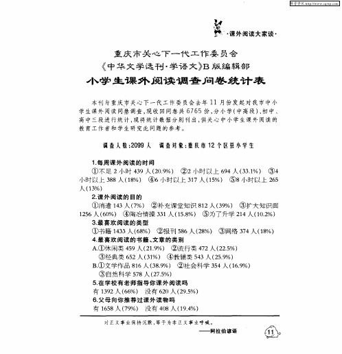 重庆市关心下一代工作委员会《中华文学选刊·学语文》B版编辑部小学生课外阅读调查问卷统计表