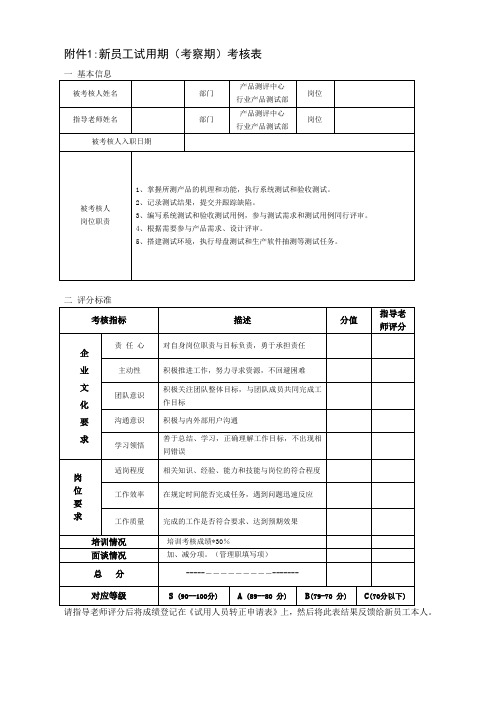 新员工试用期(考察期)考核表