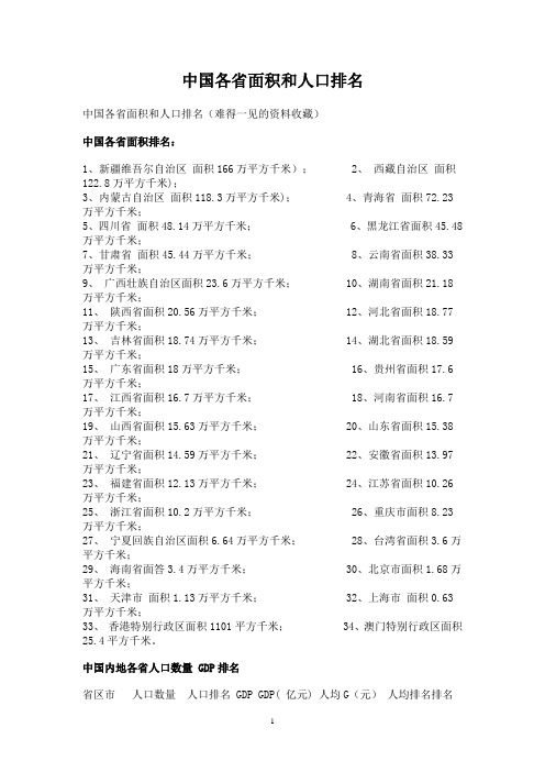 中国各省面积和人口排名