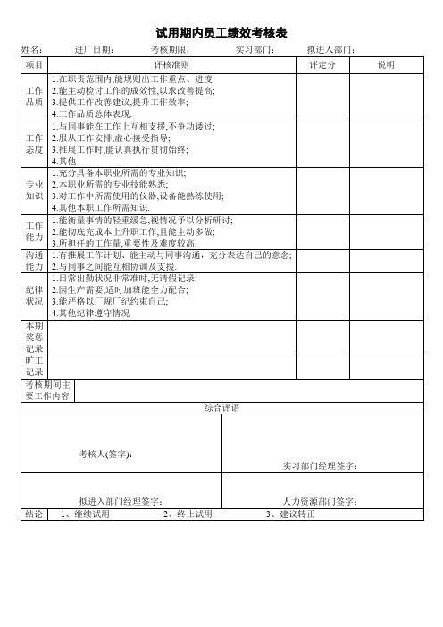 试用期内员工绩效考核表