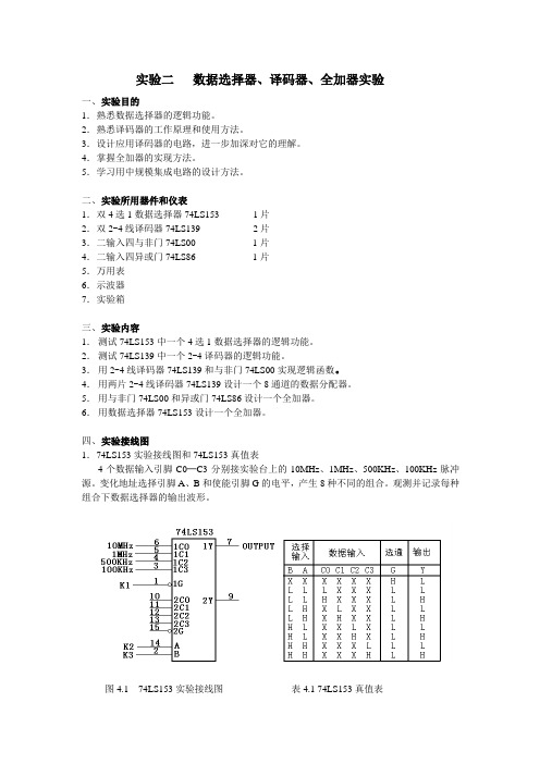 实验二 数据选择器、译码器、全加器实验