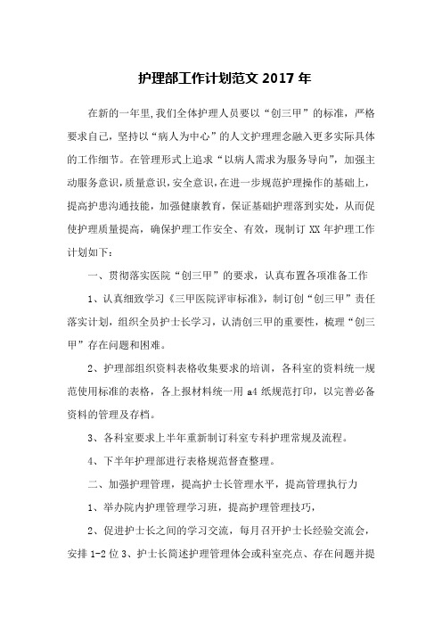 护理部工作计划范文2017年