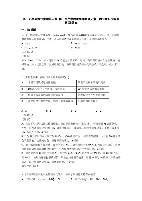 高一化学必修二化学第五章 化工生产中的重要非金属元素  的专项培优练习题(及答案