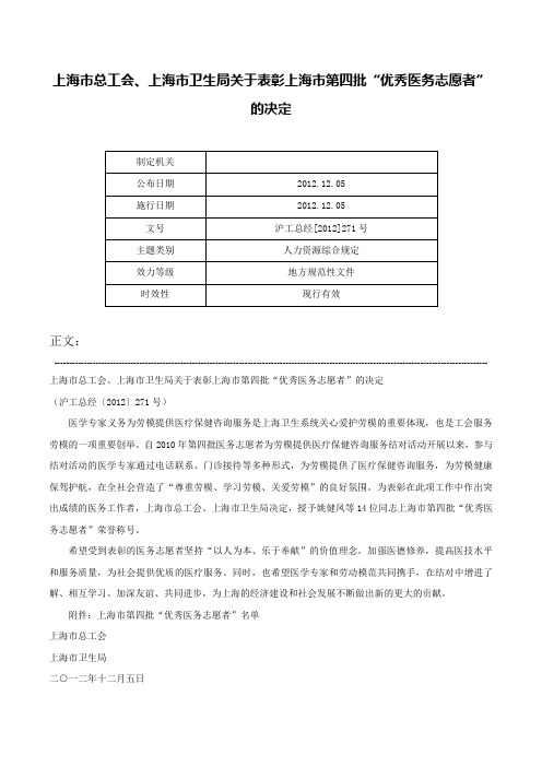 上海市总工会、上海市卫生局关于表彰上海市第四批“优秀医务志愿者”的决定-沪工总经[2012]271号