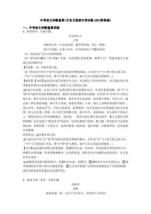 中考语文诗歌鉴赏+文言文阅读专项训练100(附答案)