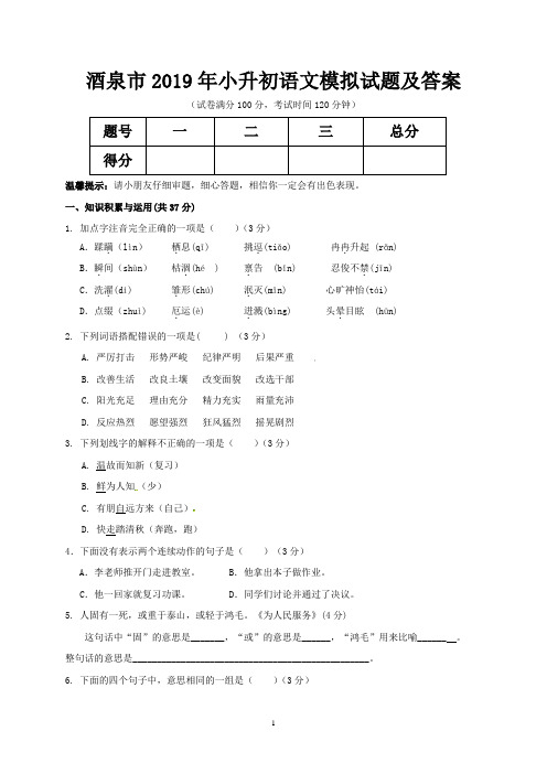 酒泉市2019年小升初语文模拟试题及答案