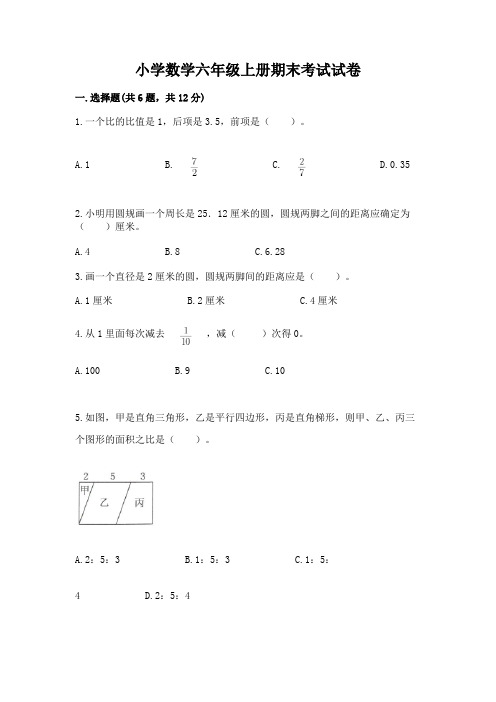 小学数学六年级上册期末考试试卷及答案(精品)