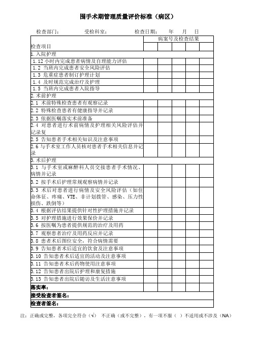 围手术期管理质量评价标准(病区)表